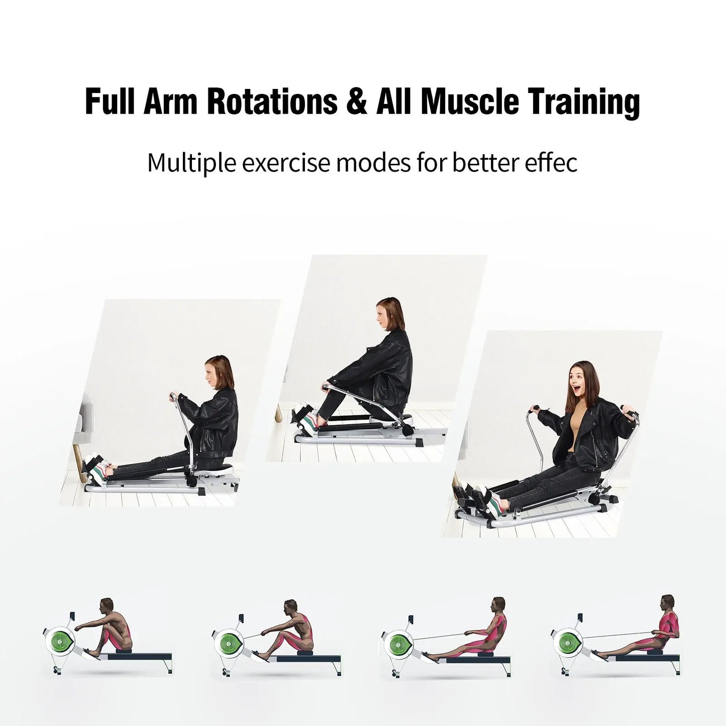 DirectDeals Adjustable Hydraulic Resistance Rowing Machine, white, 4-panel collage on Tampa Home & Garden Store