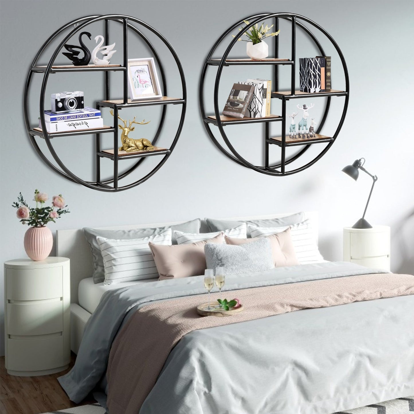DirectDeals circular wall-mounted 4-tier shelf, black metal with wood shelves, 2 units on Tampa Home & Garden Store