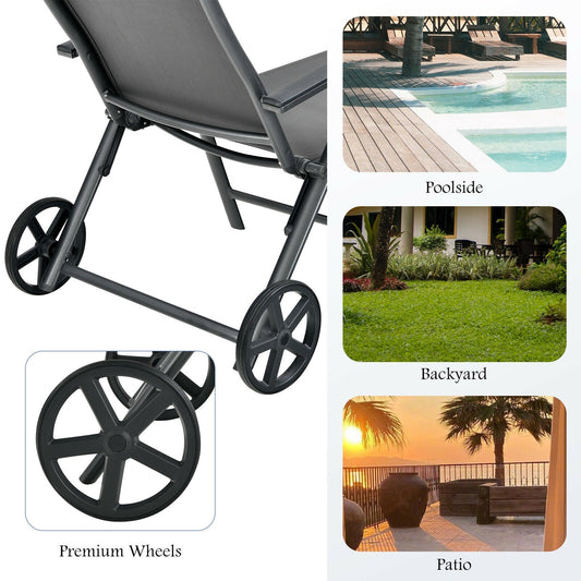 Patio Lounge Chair with Wheels Neck Pillow Aluminum Frame Adjustable-Gray - Tampa Home & Garden Store