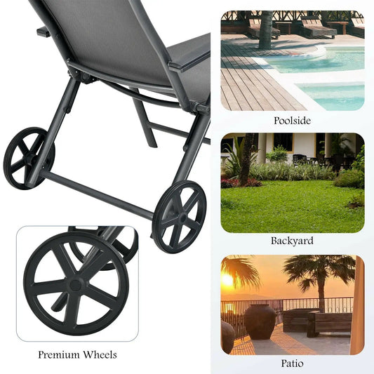 Patio Lounge Chair with Wheels Neck Pillow Aluminum Frame Adjustable-Gray - Tampa Home & Garden Store