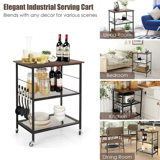 3-Tier kitchen serving cart DirectDeals, black metal frame, wood top, hooks, caster wheels on Tampa Home & Garden Store