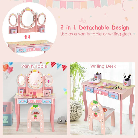 Kids Vanity Princess Makeup Table Set with Mirror pink 2-in-1 detachable vanity desk on Tampa Home & Garden Store