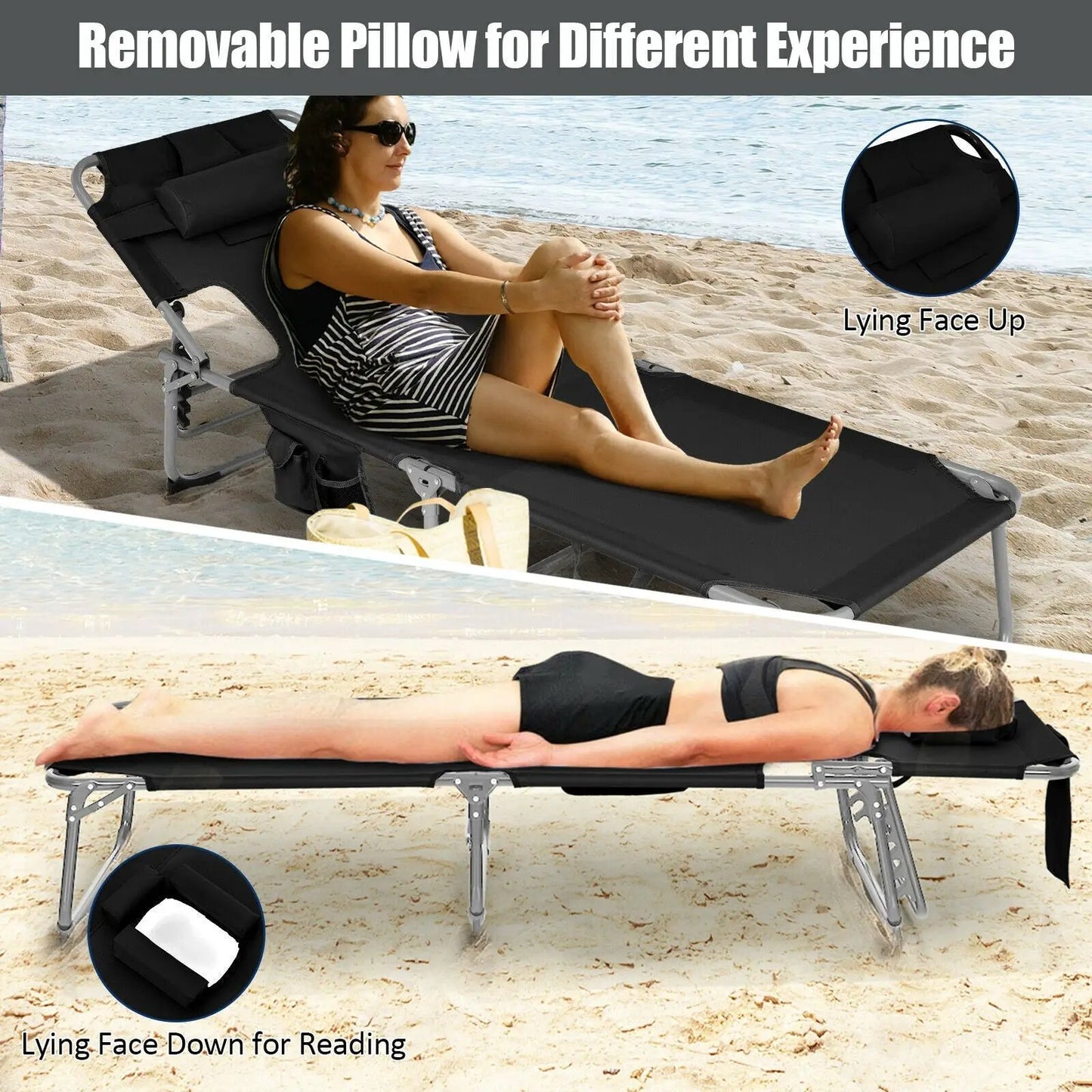 Folding Beach Lounge Chair with Pillow for Outdoor-Black - Tampa Home & Garden Store