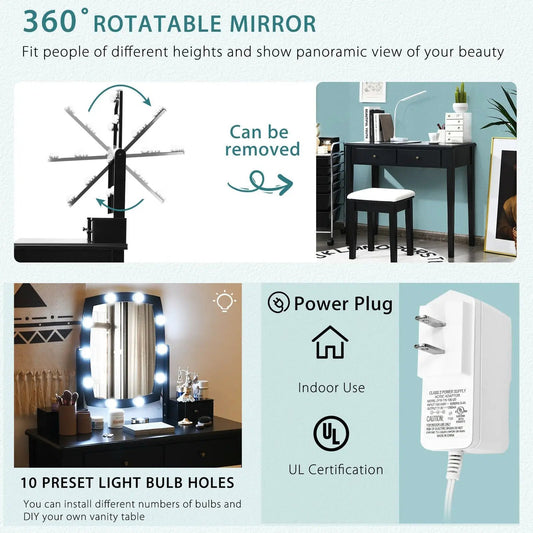 Vanity table set with lighted mirror, black finish, white upholstered stool DirectDeals on Tampa Home & Garden Store