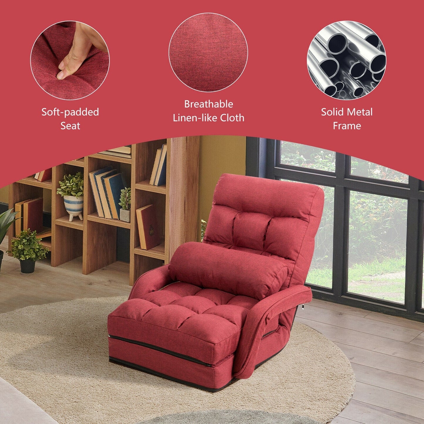 Folding Floor Chair with Armrests and Pillow in red soft fabric, DirectDeals floor chair on Tampa Home & Garden Store