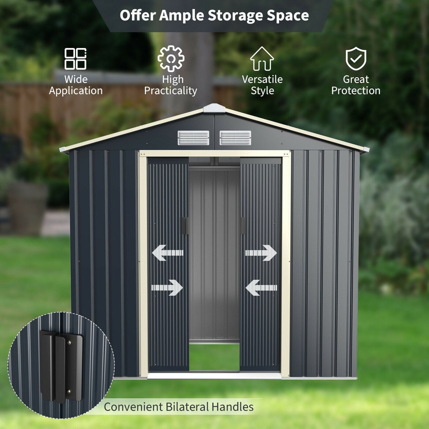 Caseta de Almacenamiento Metálica de 7 Pies x 4 Pies con Puertas Correderas Dobles con Cerradura - Gris