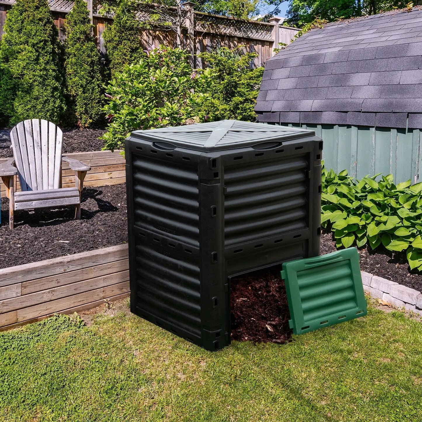 80-Gallon Outdoor Composter with Large Openable Lid and Bottom Exit Door-Green - Tampa Home & Garden Store