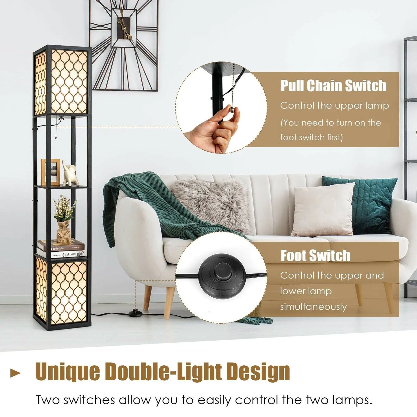Modern Shelf Floor Lamp with Double Pull Chain, black metal frame with built-in shelves on Tampa Home & Garden Store