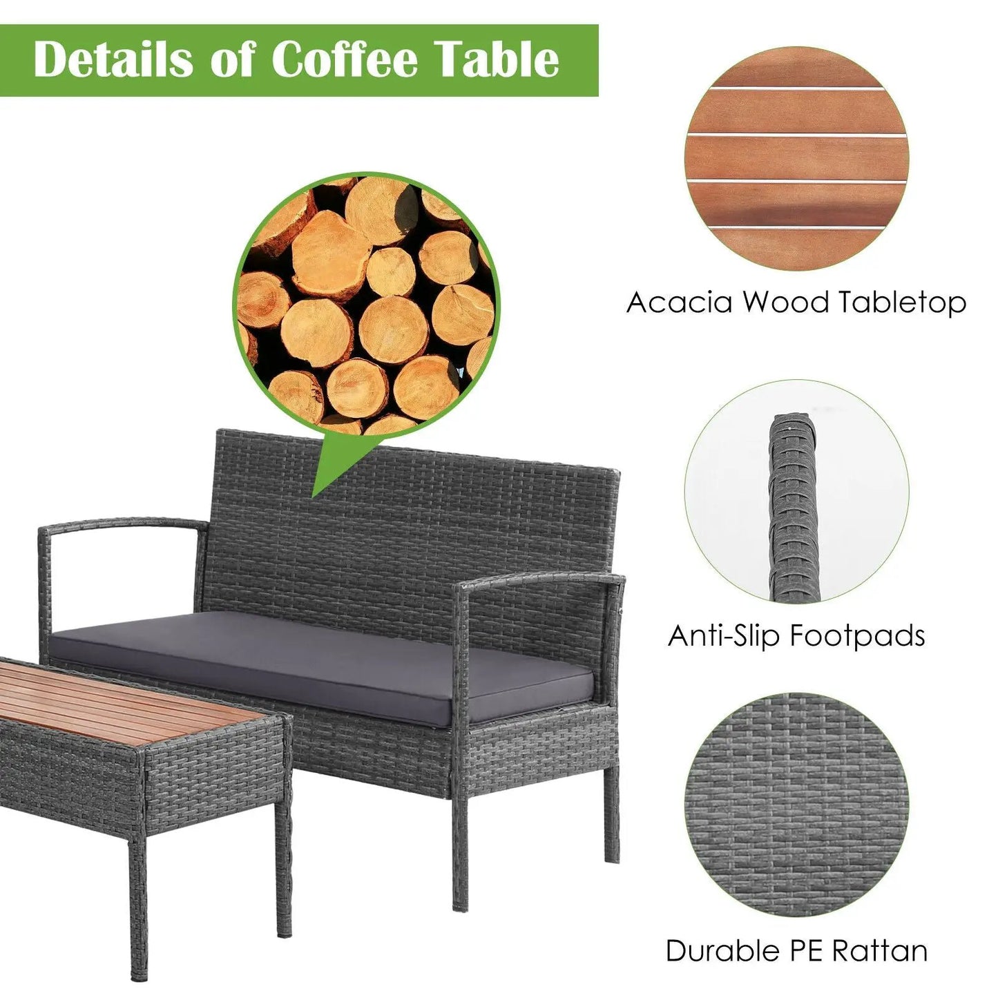 Rattan patio conversation set, 4-piece, dark PE rattan with acacia wood tabletop on Tampa Home & Garden Store