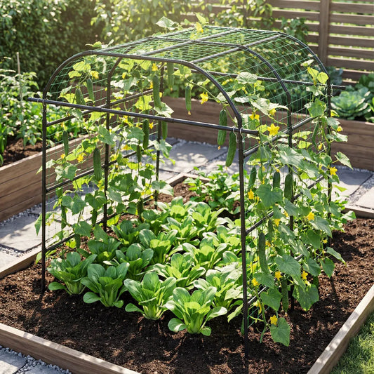 7.5 ft tall metal garden arch trellis with black frame and green mesh for climbing plants on Tampa Home & Garden Store