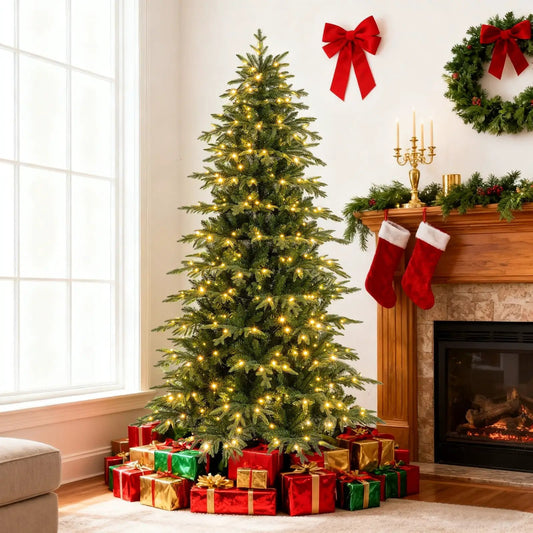 7.5-foot prelit artificial Christmas tree with warm LED lights by DirectDeals in a cozy living room on Tampa Home & Garden Store