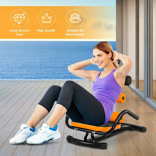 Core Fitness Abdominal Trainer Bench for Crunches orange pad black frame with woman on Tampa Home & Garden Store