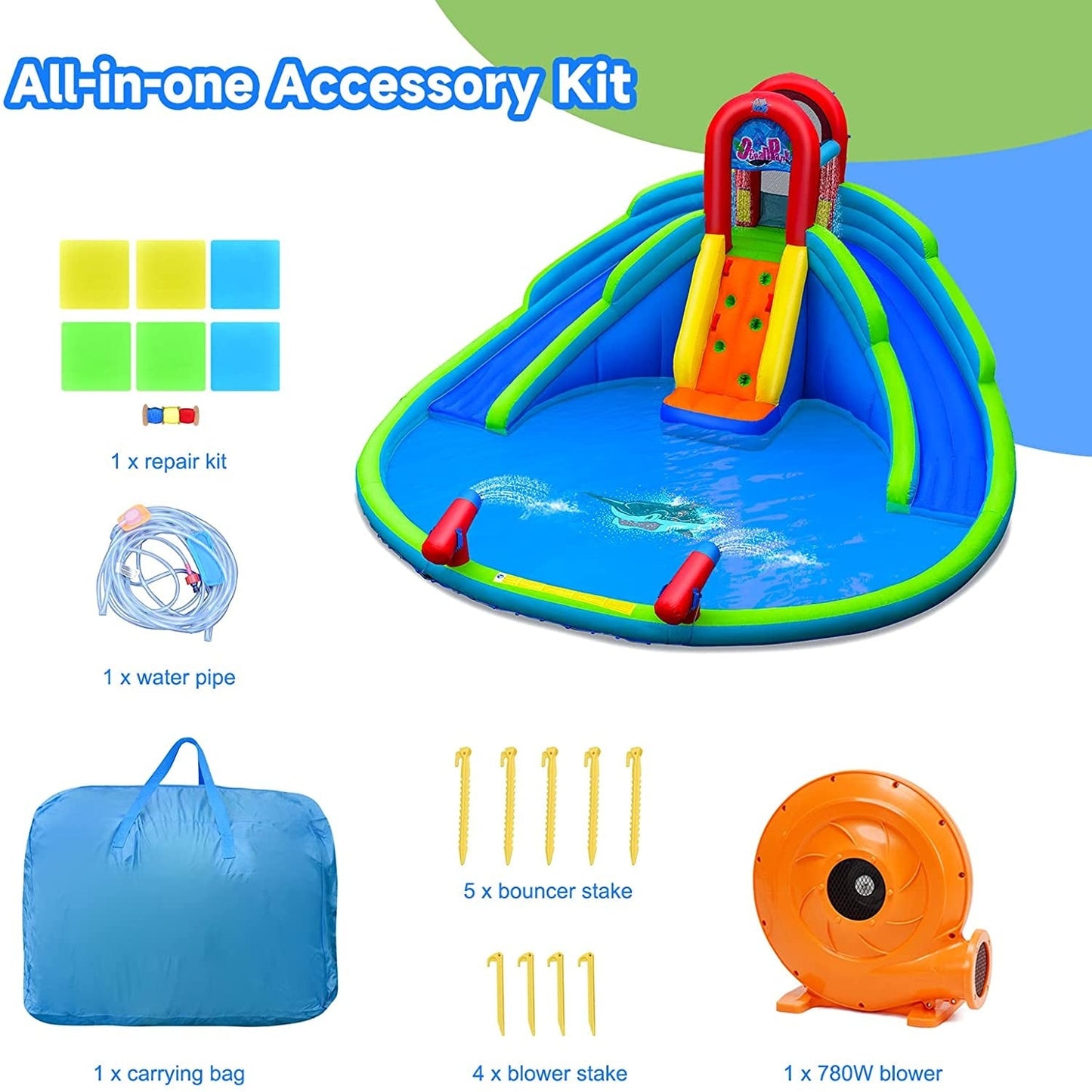 DirectDeals inflatable water park waterslide for kids backyard with blue and green slides on Tampa Home & Garden Store