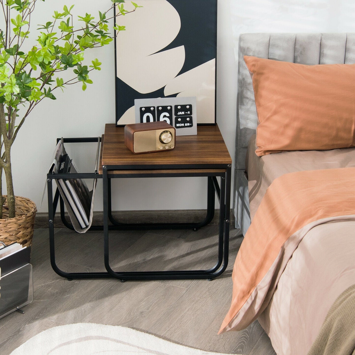 Juego de 2 mesas de centro nido con bolsillo lateral para sala de estar/dormitorio-Marrón rústico