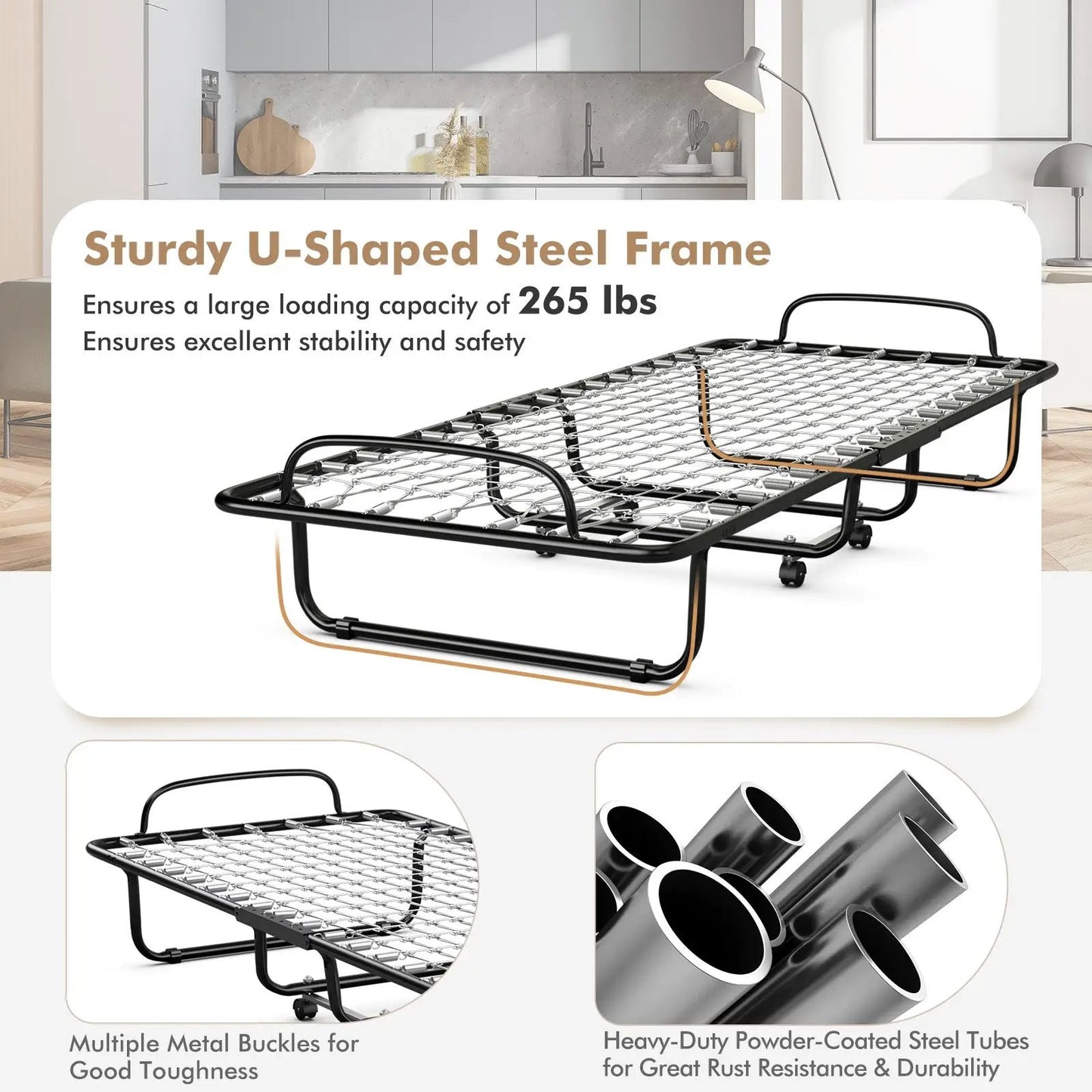 Rollaway folding bed with memory foam mattress, black U-shaped steel frame with wheels on Tampa Home & Garden Store