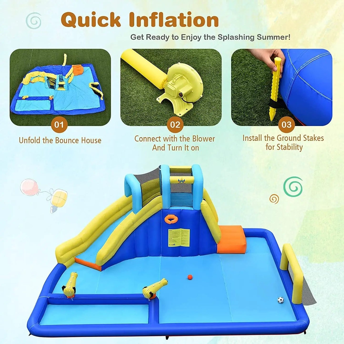 6-in-1 Inflatable Water Slide with Blower for Kids blue and yellow DirectDeals on Tampa Home & Garden Store