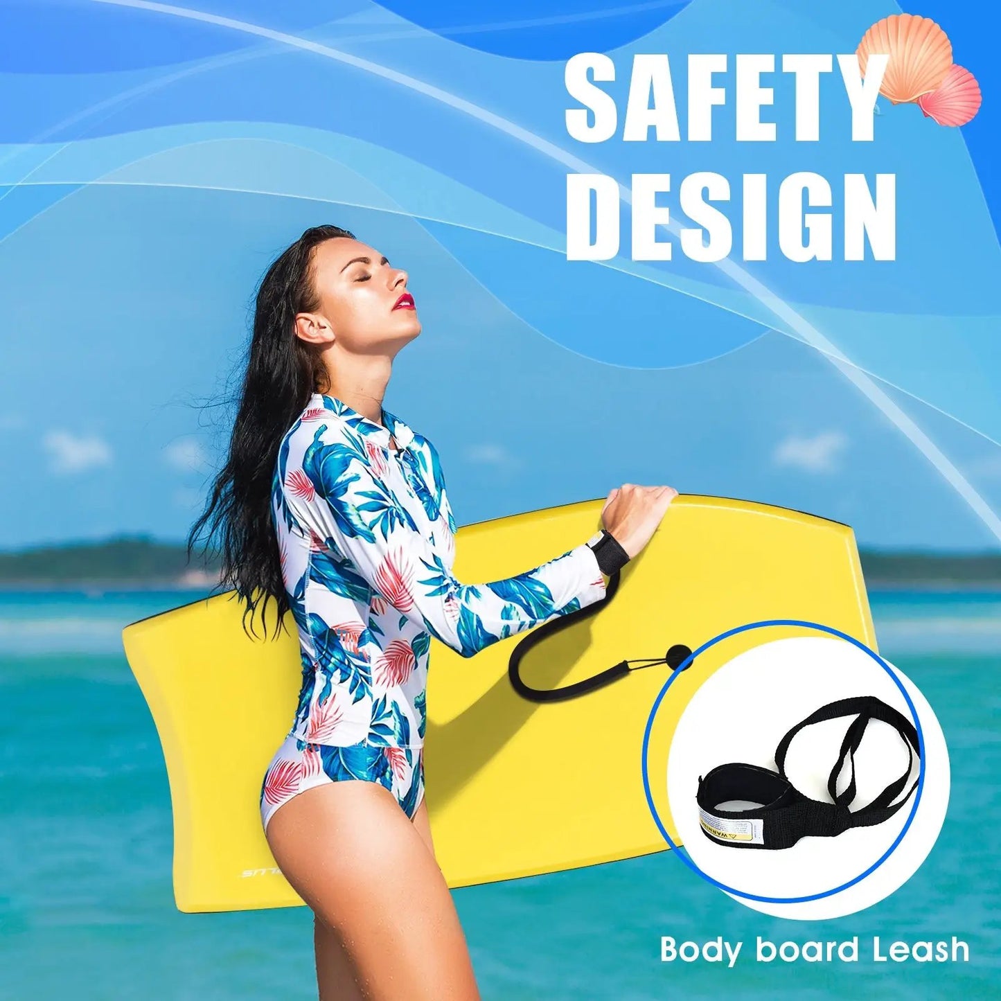Super Lightweight Surfing Bodyboard bright yellow with leash at the beach on Tampa Home & Garden Store