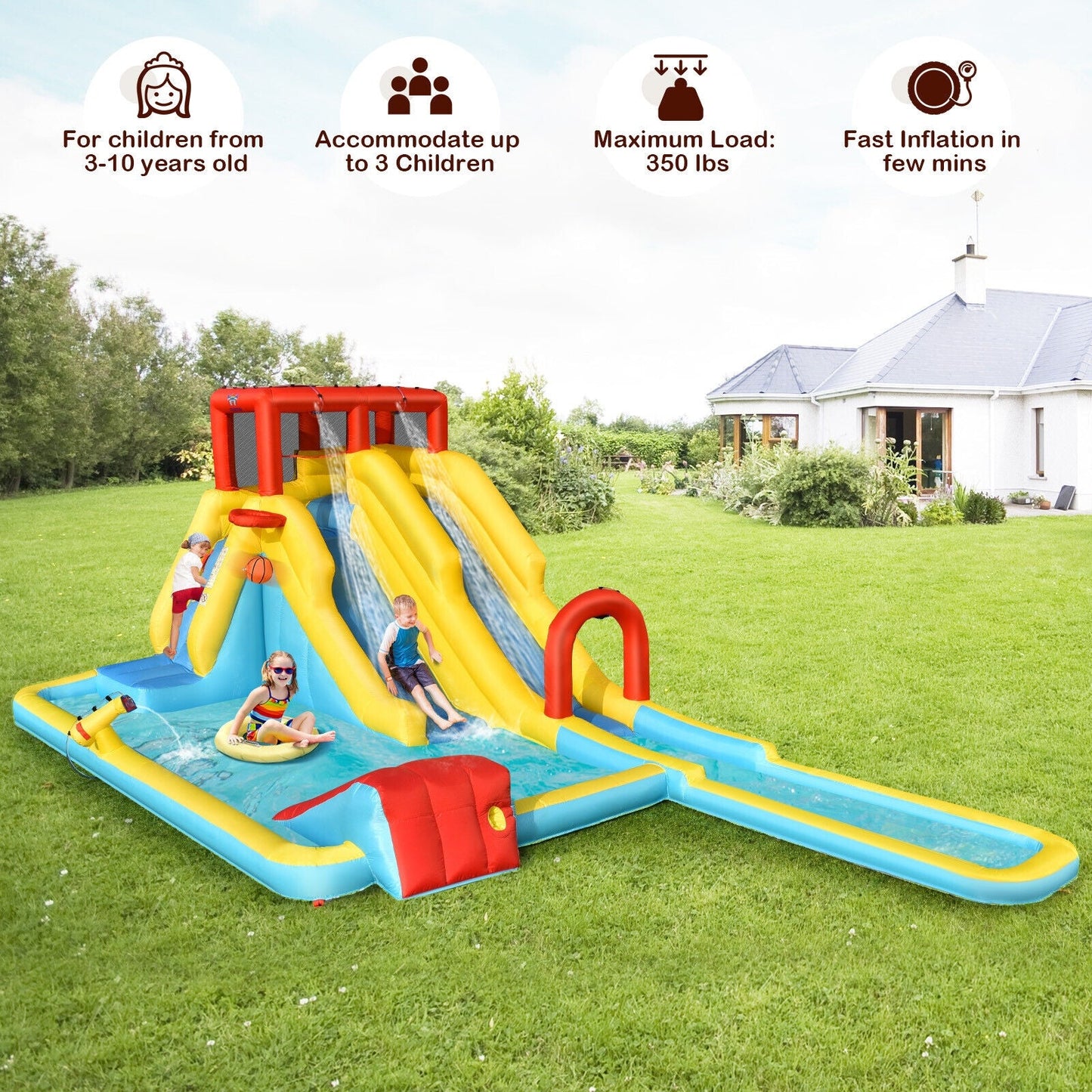 Inflatable Dual Slide Water Park Climbing Bouncer with red frame and blue slides on grass on Tampa Home & Garden Store