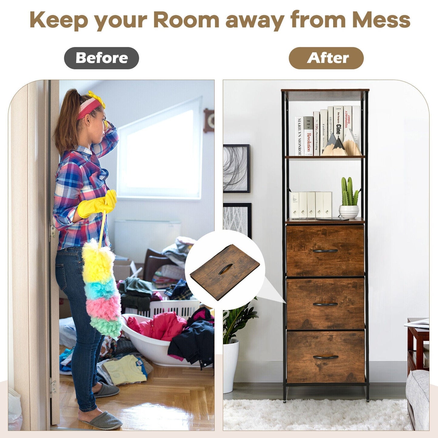 Vertical 3-Drawer Dresser With Shelves in black metal frame; brown wood drawers on Tampa Home & Garden Store