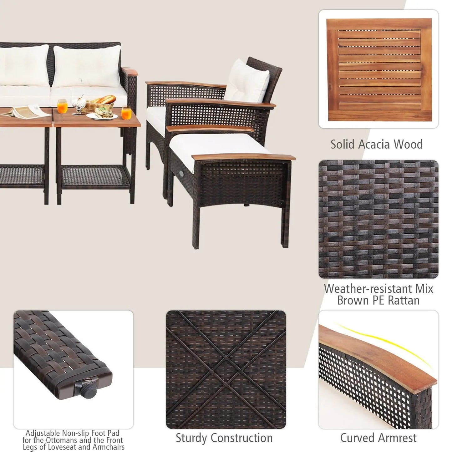 7 Piece Patio Rattan Cushioned Conversation Set dark brown PE wicker with white cushions and acacia wood tabletops on Tampa Home & Garden Store
