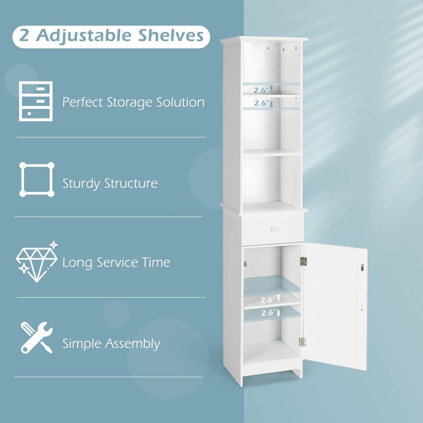 Bathroom Tall Freestanding Storage Cabinet with Open Shelves and Drawer-White - Tampa Home & Garden Store