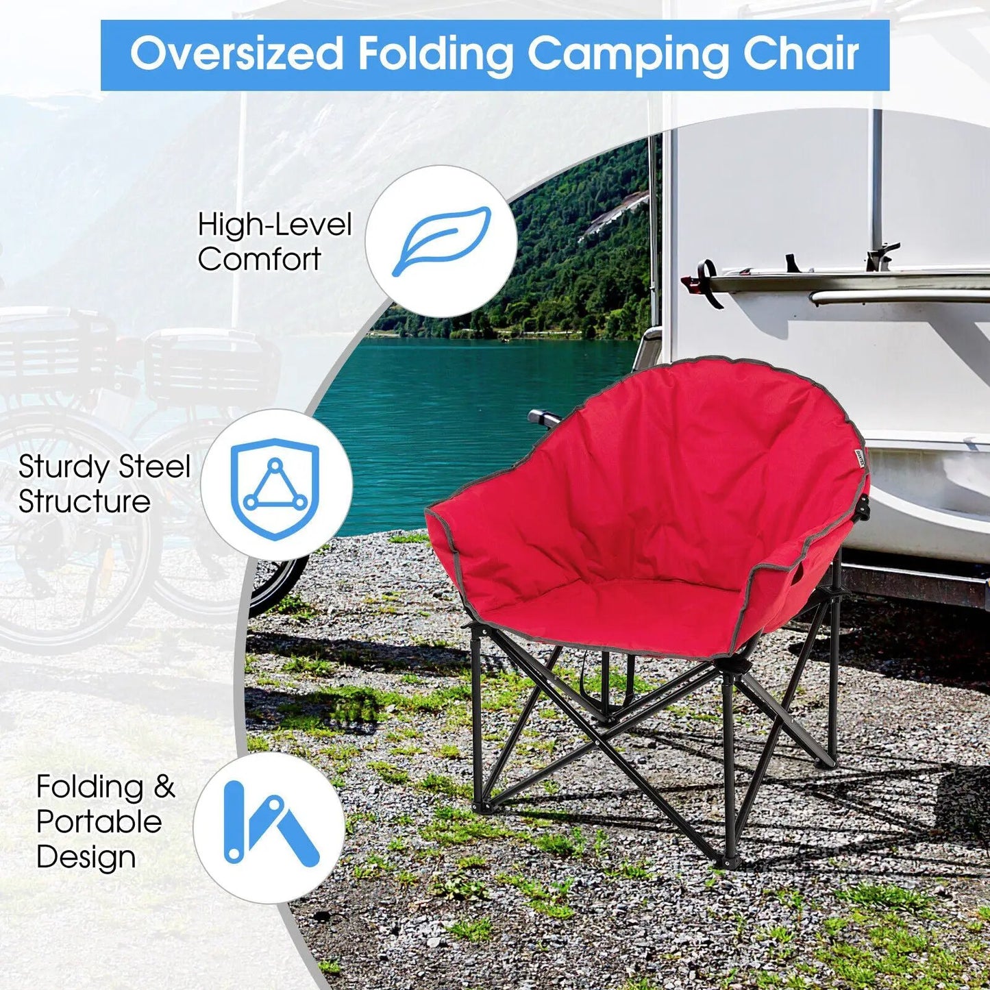 Folding Moon Chair with carrying bag, red seat and sturdy steel frame DirectDeals on Tampa Home & Garden Store