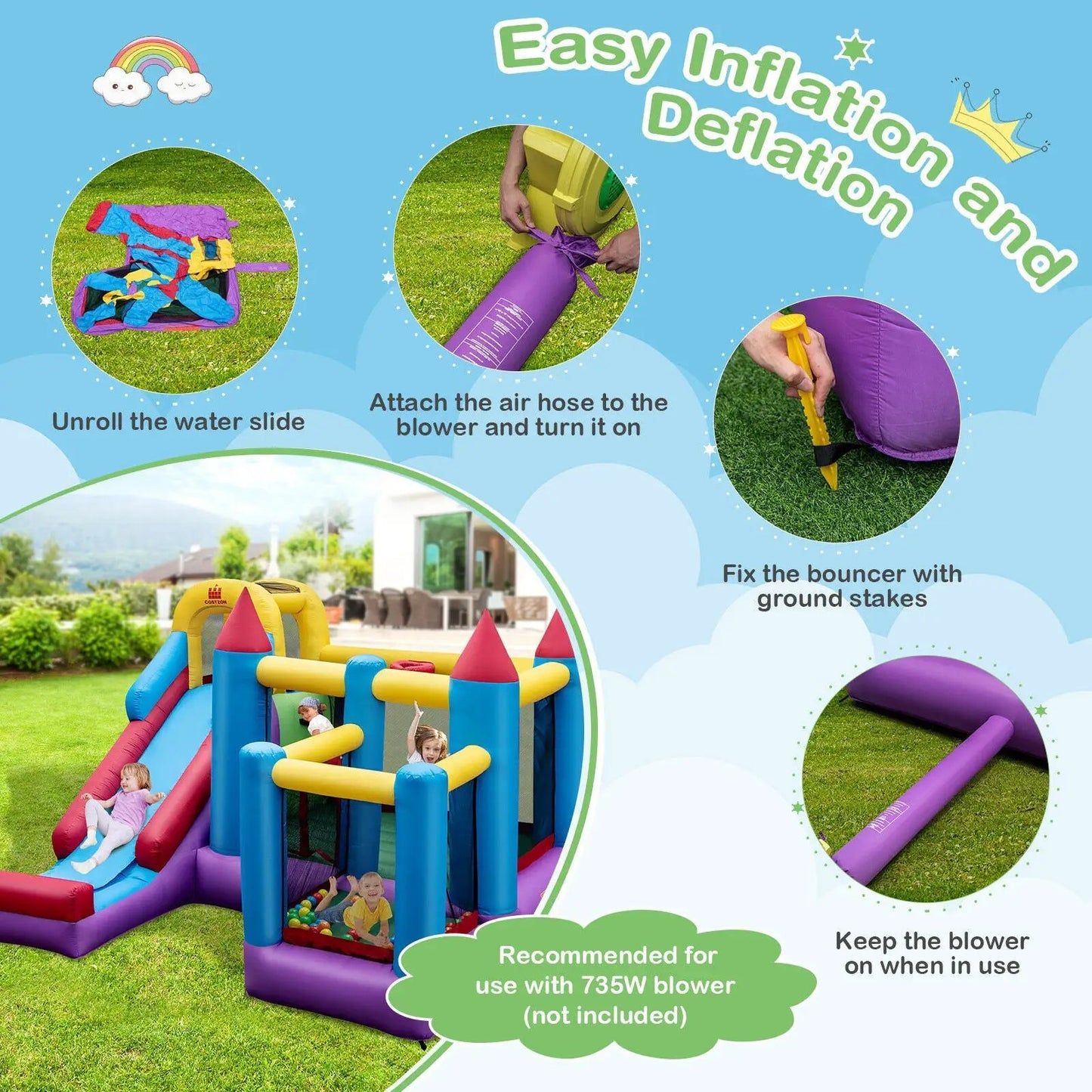 5-in-1 Inflatable Bounce Castle by DirectDeals in blue, purple with yellow accents for indoor fun on Tampa Home & Garden Store
