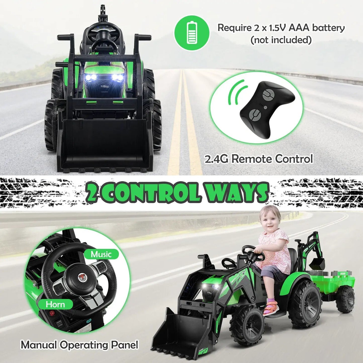 12V 3 in 1 Kids Ride On Excavator with Shovel Bucket and Music-Green - Tampa Home & Garden Store