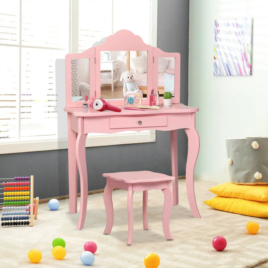 Pink kids makeup vanity table with triple panel mirror and matching stool set by DirectDeals on Tampa Home & Garden Store