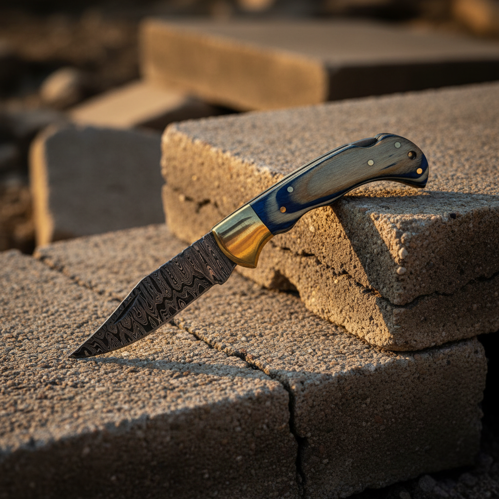 Ocean Wave Damascus Folding Knife TF-100 Titan K brass bolster damascus blade on blocks on Tampa Home & Garden Store