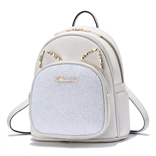 Large-capacity white PU leather backpack with glitter front and studded cat-ear accents on Tampa Home & Garden Store