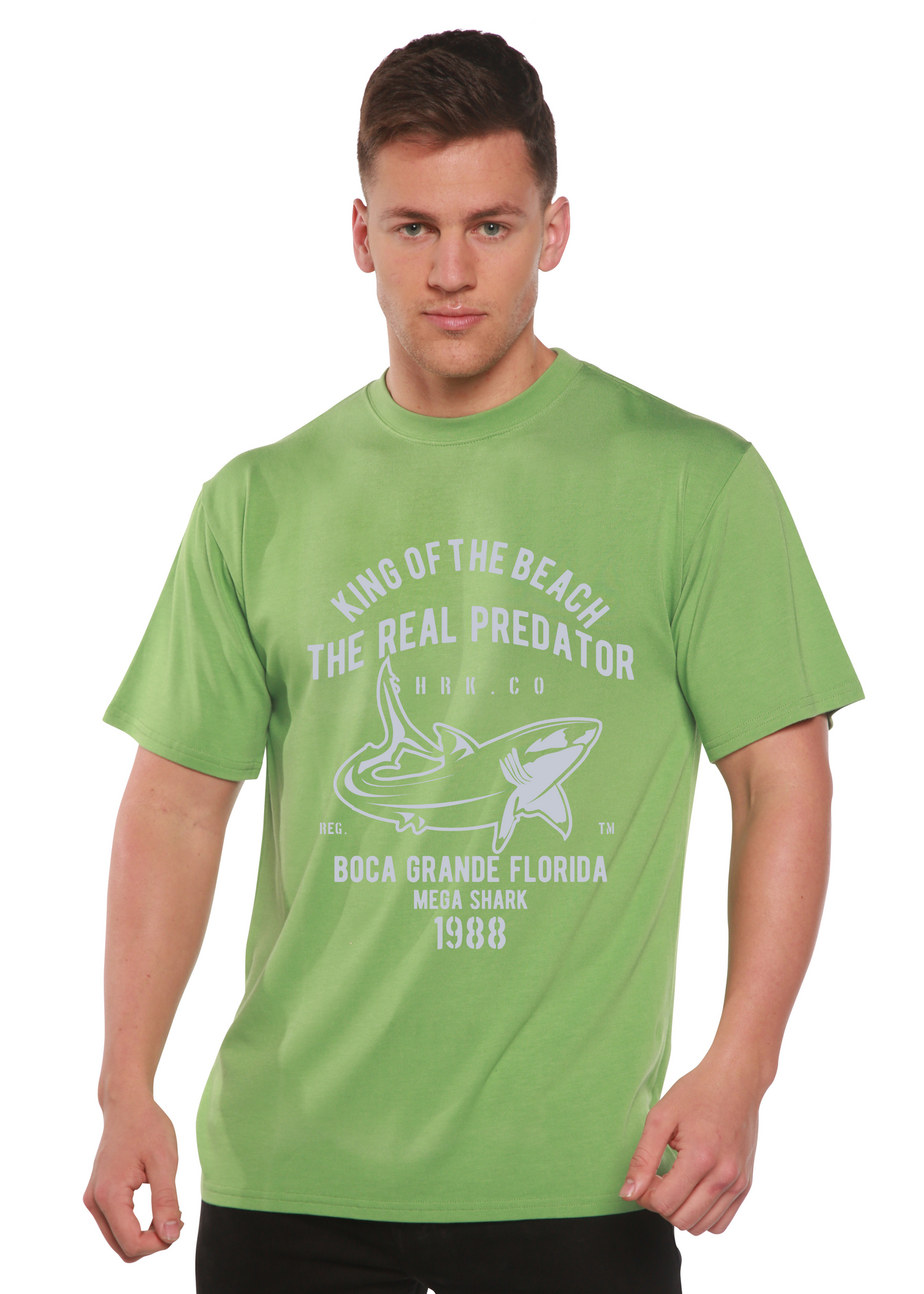 Shark Real Spun Bamboo men's green T-shirt with white shark print bamboo viscose/organic cotton on Tampa Home & Garden Store