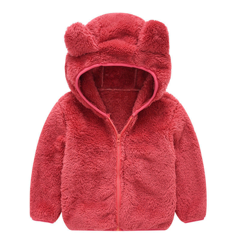 Stevvex baby fleece hoodie coat with bear ears in pink-red zip-up jacket on Tampa Home & Garden Store