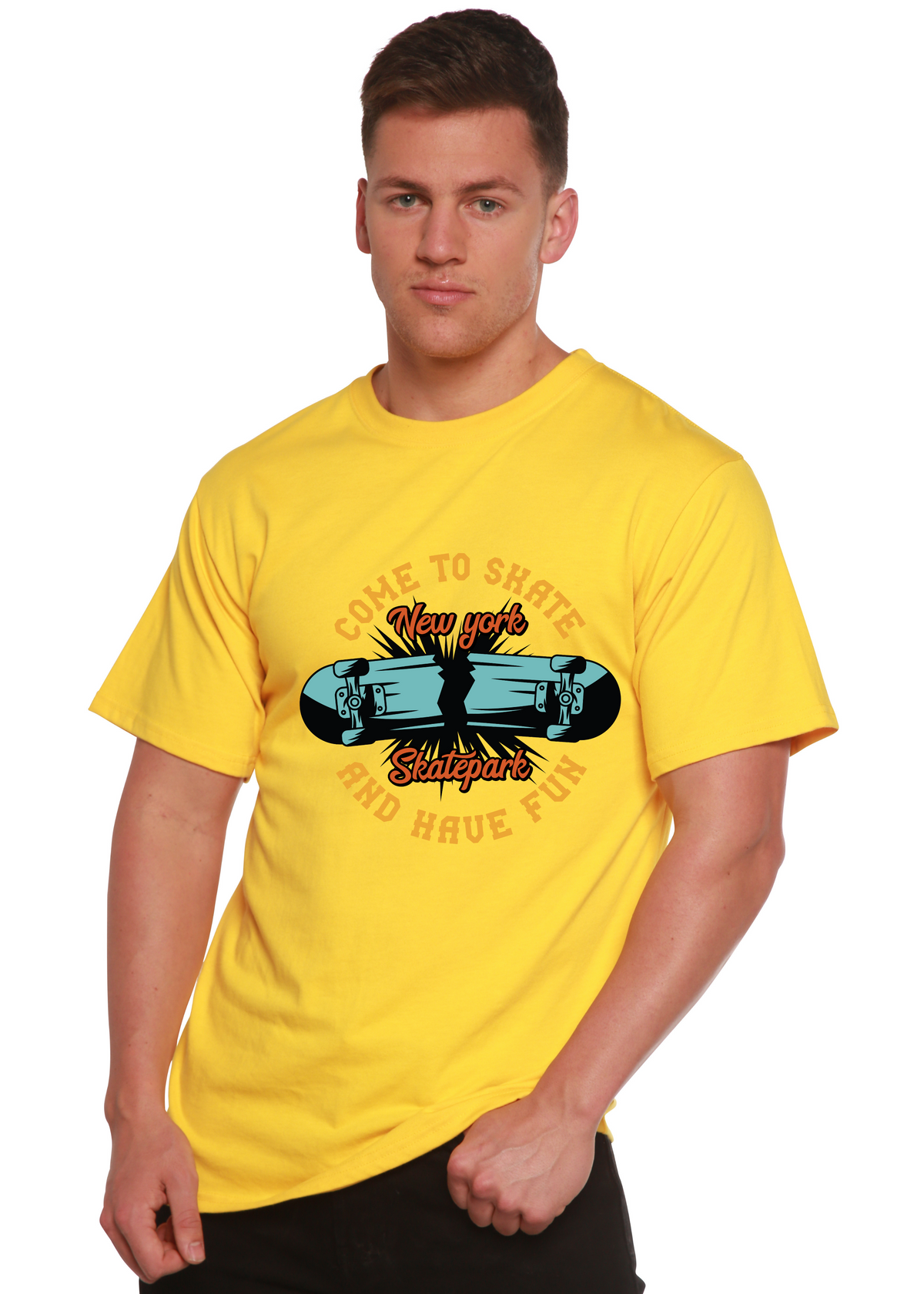 New York Skatepark men's short sleeve graphic T-shirt yellow with skateboard print by Spun Bamboo on Tampa Home & Garden Store