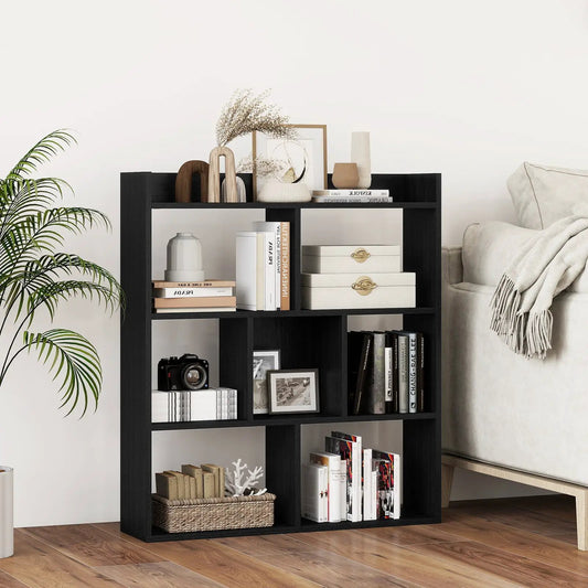 7-Cubes Open-Back Bookshelf with Anti-Toppling Devices, black finish, holds books, decor, and storage boxes on Tampa Home & Garden Store