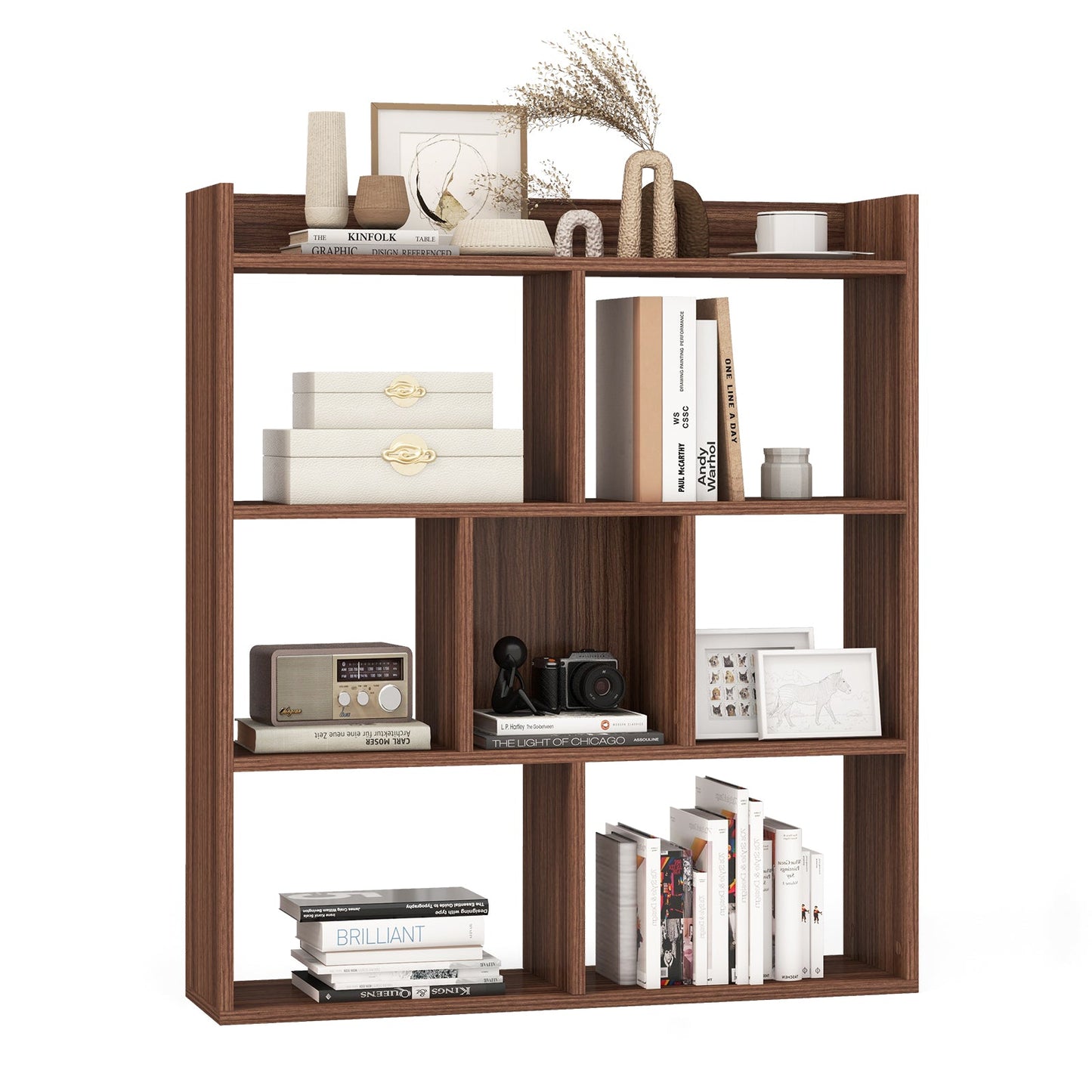 7-Cubes Open-Back Bookshelf with anti-toppling devices in walnut finish on Tampa Home & Garden Store