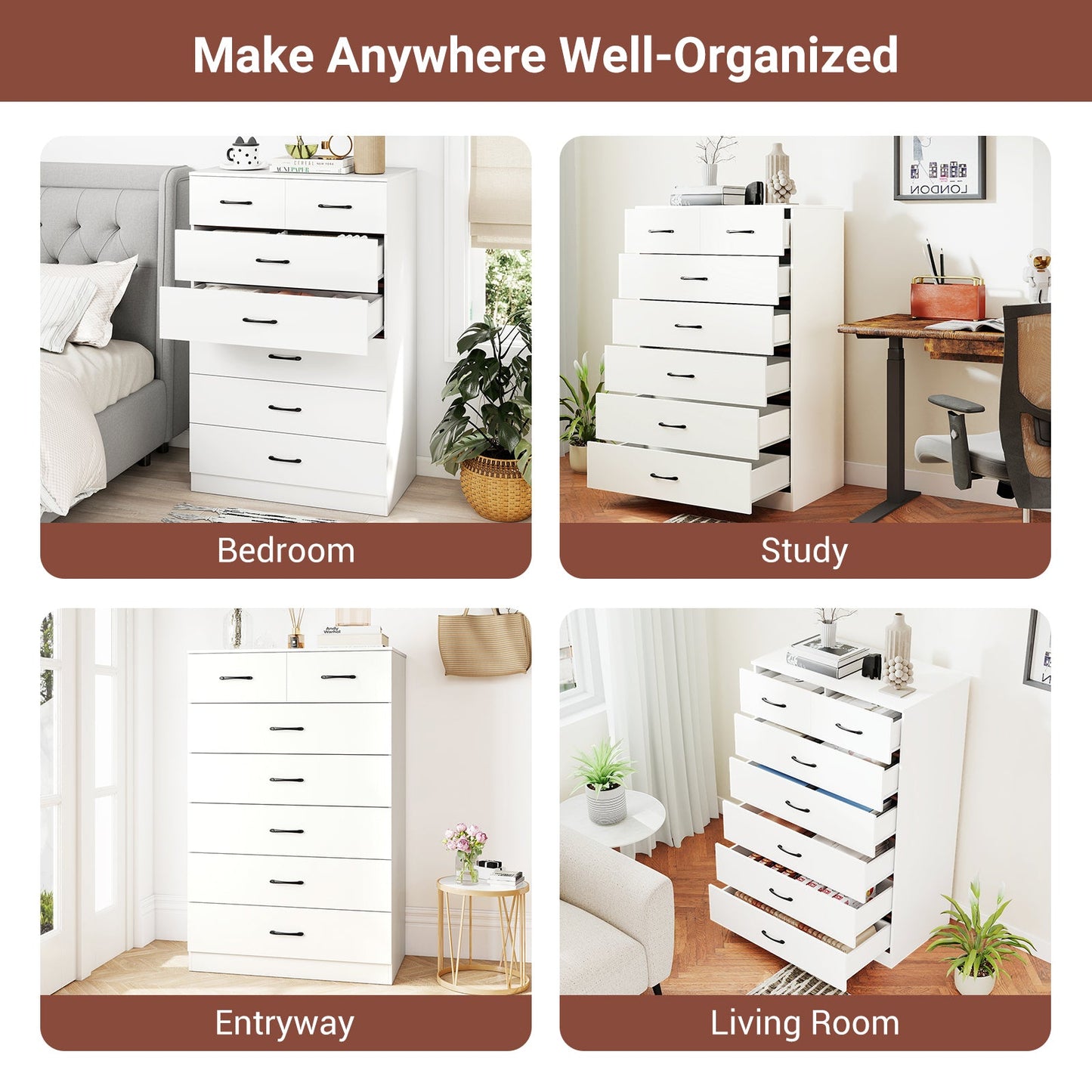 White wooden chest of drawers with anti-tip safety, set of 4 shown in bedroom and study on Tampa Home & Garden Store