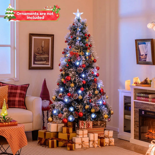 7 ft flocked Christmas tree DirectDeals with 8 lighting modes, red ornaments, pinecones on Tampa Home & Garden Store