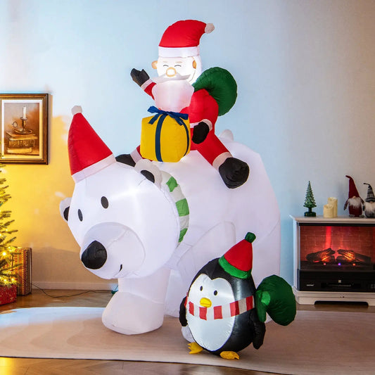 7 Feet inflatable Santa riding a white bear holding a yellow gift box with blue ribbon on Tampa Home & Garden Store