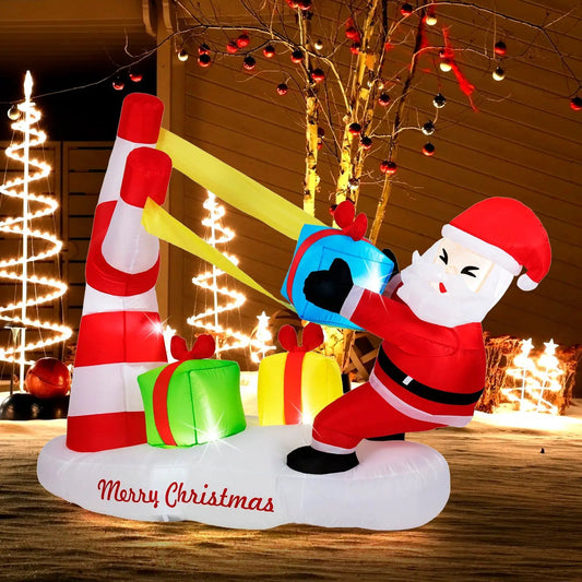 7 ft Santa inflatable with LED lights by DirectDeals outdoors, pulling a blue gift beside bright presents on Tampa Home & Garden Store