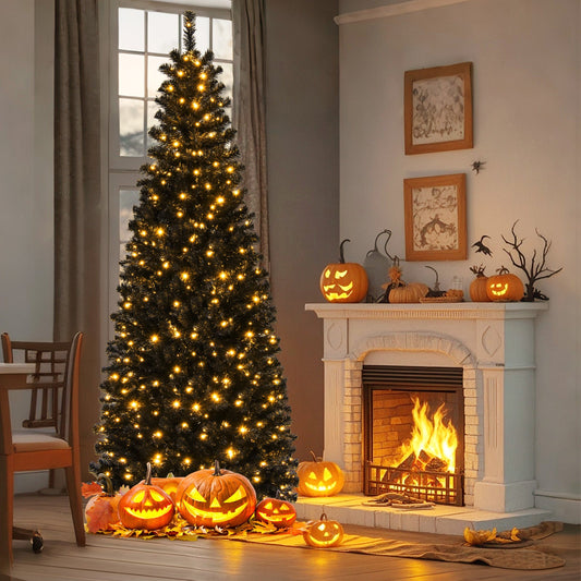Pre-lit Christmas Halloween Tree with PVC Branch Tips and Warm White Lights-7 ft
