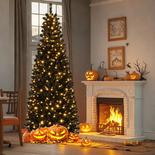 7 ft pre-lit Halloween tree with PVC branch tips and warm white lights beside a fireplace on Tampa Home & Garden Store