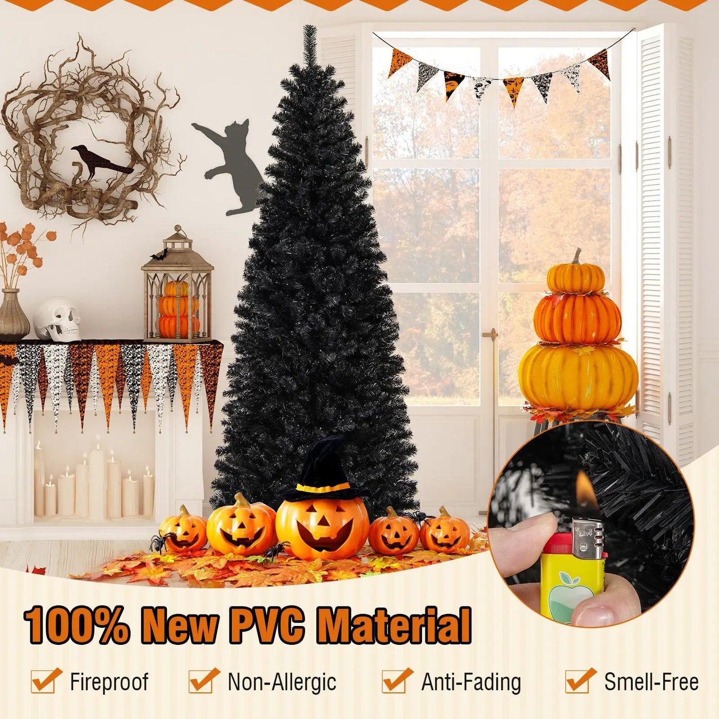 Pre-Lit Halloween Tree with PVC branch tips, black, 7 ft tall, DirectDeals on Tampa Home & Garden Store