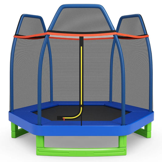 7 ft kids recreational trampoline with blue frame, gray safety net, and lime-green legs on Tampa Home & Garden Store