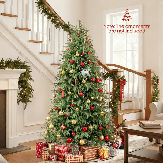 7 ft pre-lit artificial Christmas tree with soft tips, green branches, red and gold ornaments on Tampa Home & Garden Store