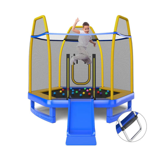 7 Feet Trampoline with Ladder and Slide DirectDeals blue and yellow frame with safety net on Tampa Home & Garden Store