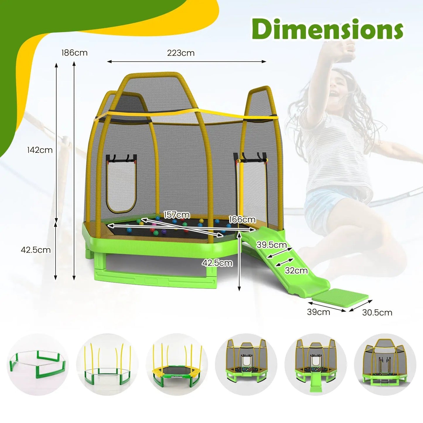 7 Feet Trampoline with Ladder and Slide DirectDeals; yellow frame, grey net, green base on Tampa Home & Garden Store