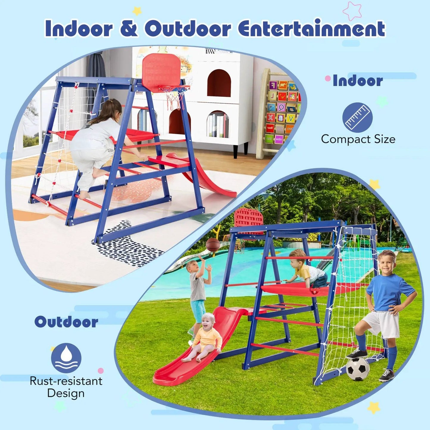 Seven-in-One Metal Toddler Climbing Set, blue frame with red slide and nets indoor/outdoor on Tampa Home & Garden Store