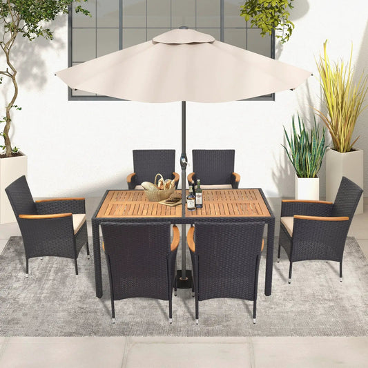 7-Piece Outdoor Dining Set with Umbrella Hole black wicker chairs with wooden arms tan umbrella on Tampa Home & Garden Store