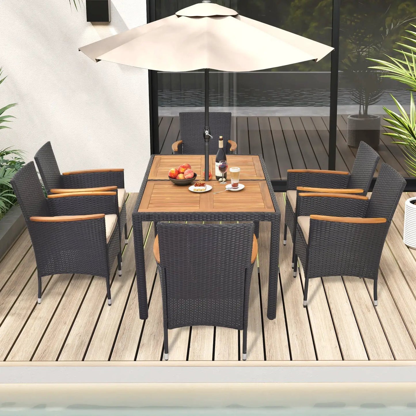 7-Piece Outdoor Dining Set With Umbrella Hole dark wicker chairs with wood arms and beige umbrella on Tampa Home & Garden Store